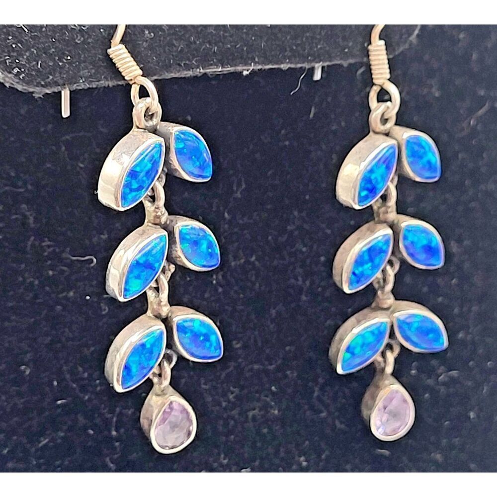 Artisan Sterling Silver Opal Amethyst Leaf Cluster Dangle Drop Earrings 2.5in - Picture 6 of 6